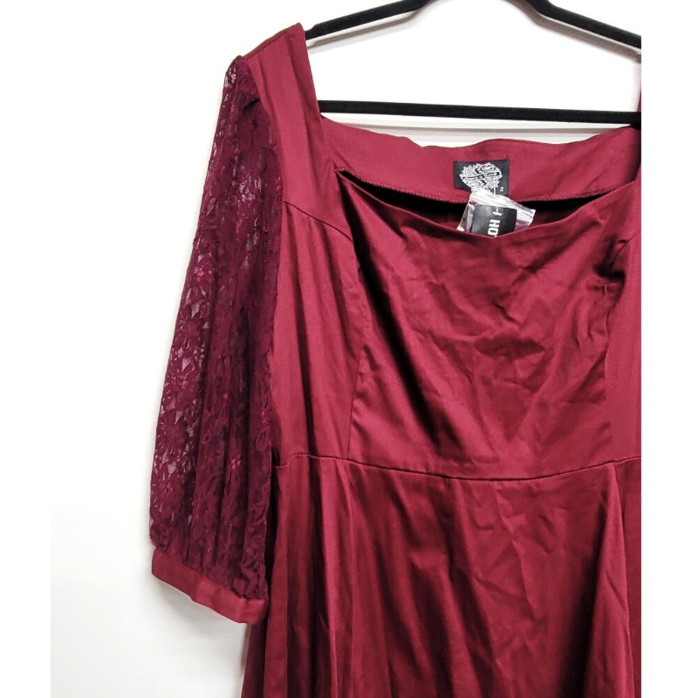 Hearts & Roses Burgundy Lace Sleeve Retro Swing Dress 2 2X 18 20 - Picture 5 of 9